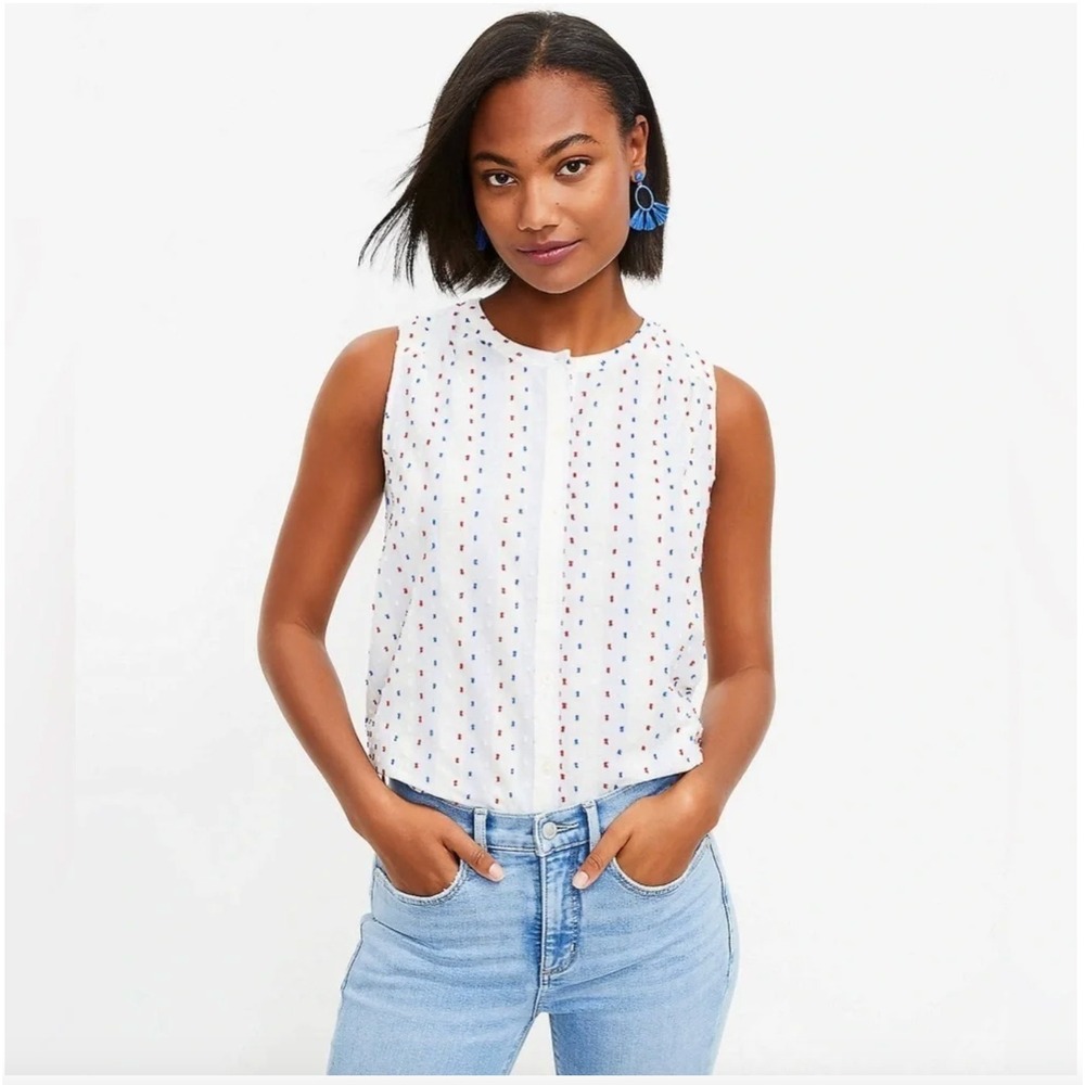 LOFT NWT Clip Dot Sleeveless Cotton Top M Nautical Blue White Stripe Lightweight
